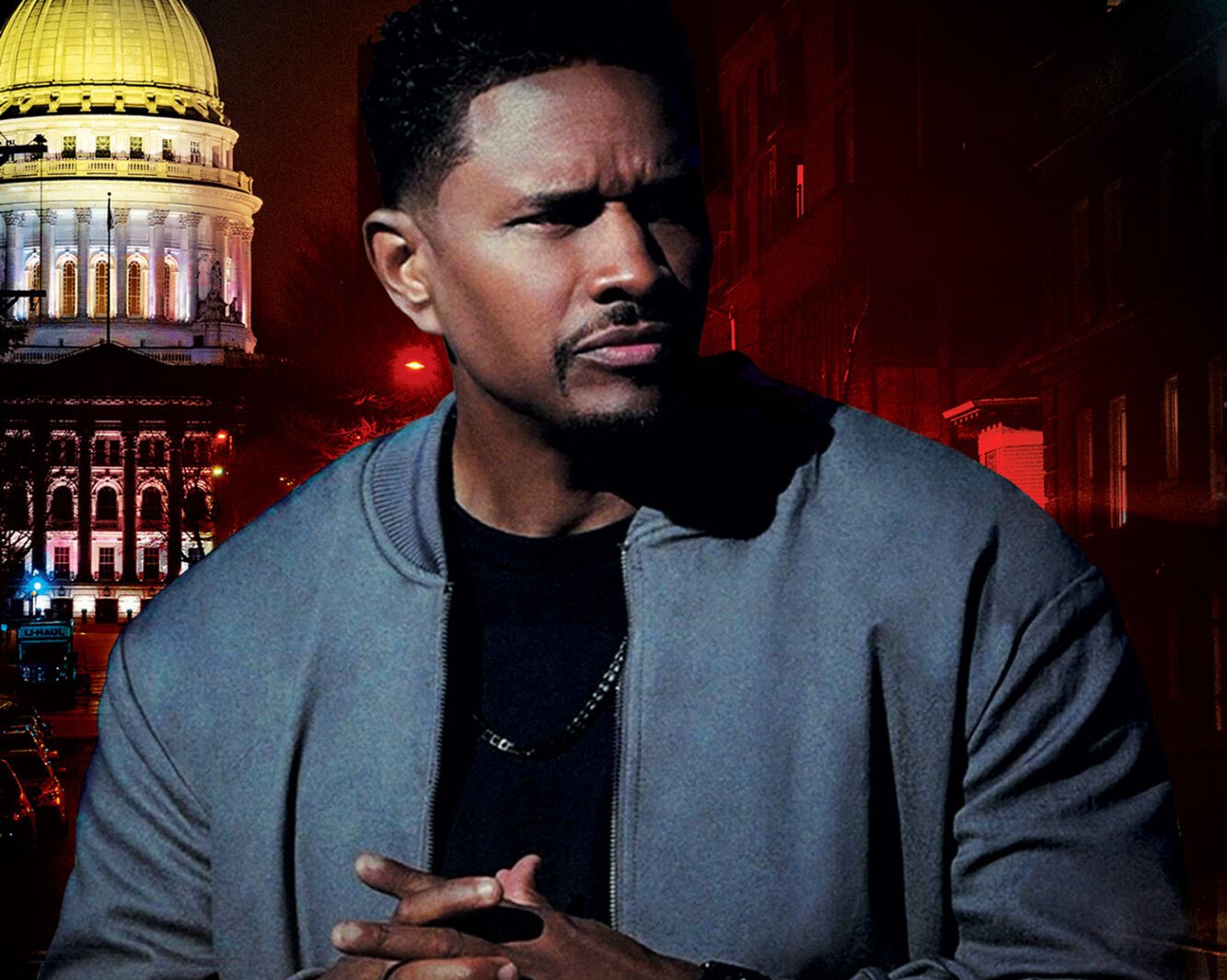 Ben Stephens as Curtis Duncan, bounty hunter, at night in the city